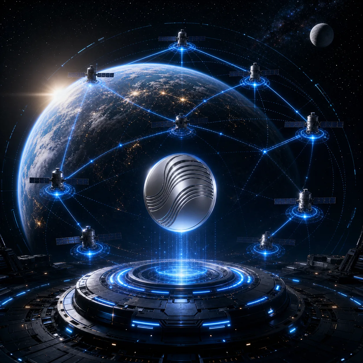 Grokmaxus satellite network around Earth representing multi-chain settlement