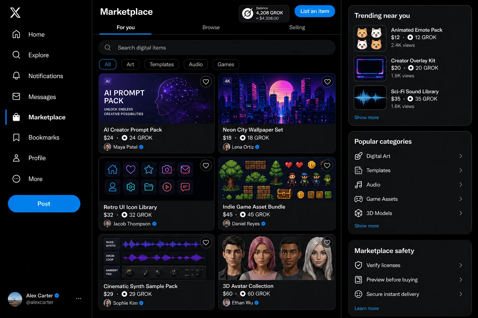 Grokmaxus marketplace interface listing digital items priced in Grok token